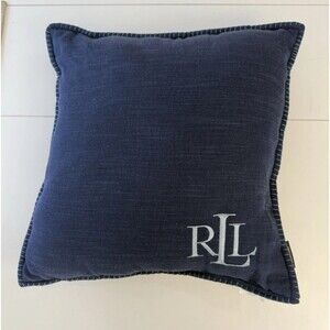 Ralph Lauren Blue Denim Like Pillow Cover 22” Monogram Embroidered Unremovable
